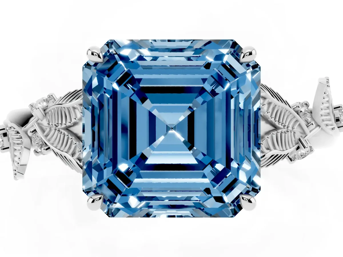 Fancy Blue Asscher Cut Diamond Solitaire Ring with Leaf Motif Band and Four-Prong Setting Silver