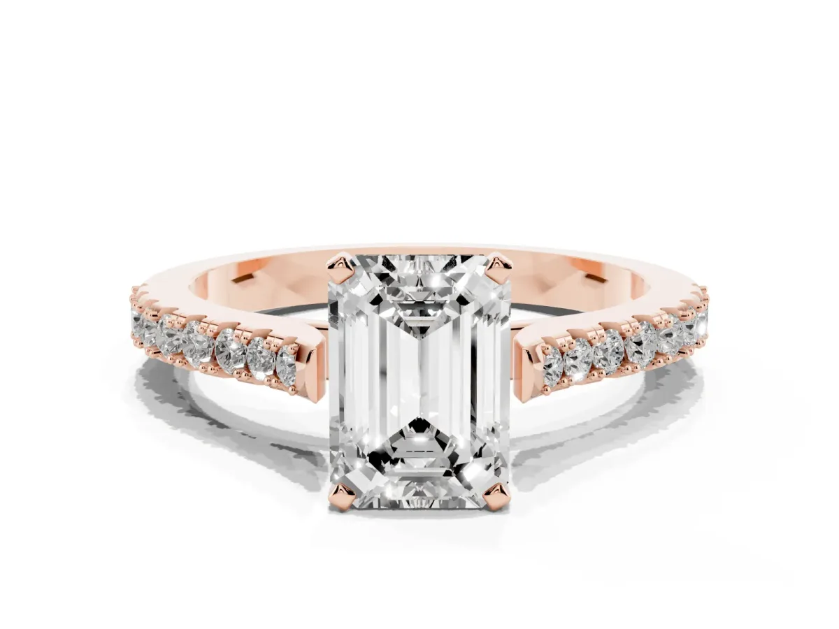 Emerald Cut Cut Solitaire Diamond Engagement Ring with Pave Band and Four-Prong Setting Rose gold