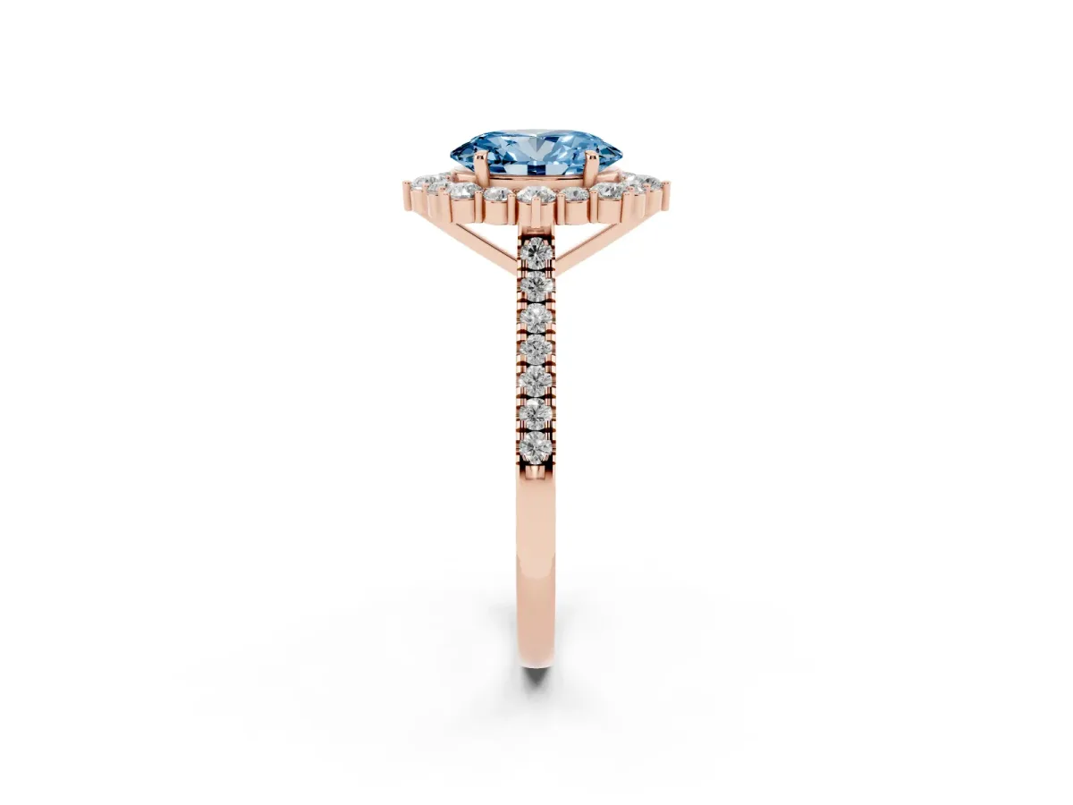 Fancy Blue Oval Cut Halo Diamond Ring with Pavé Band and Prong Setting Rose gold