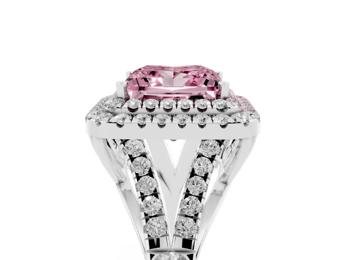 Fancy Pink Double Halo Princess Cut Diamond Split Shank Engagement Ring with Four-Prong Setting Silver