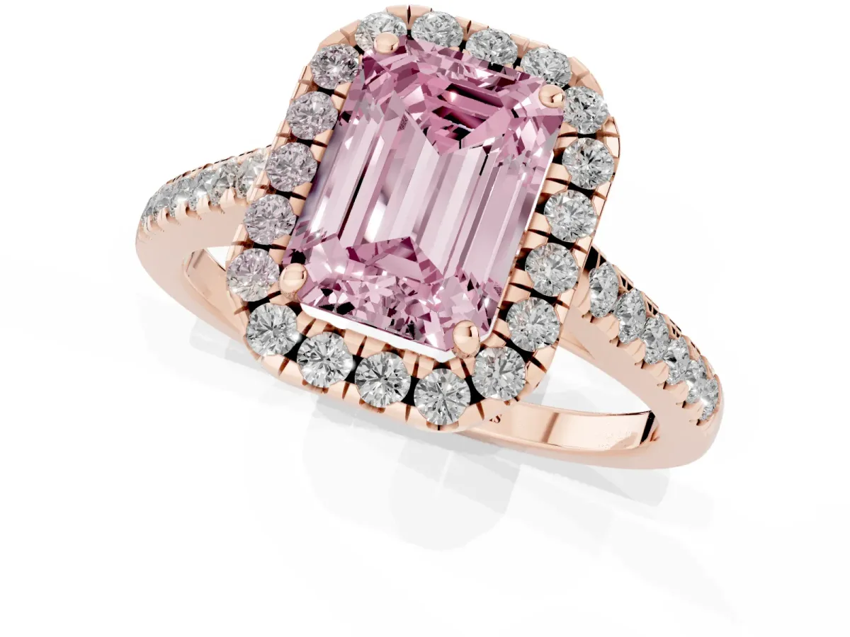 Fancy Pink Emerald Cut Halo Pave Diamond Engagement Ring with Four-Prong Setting Rose gold