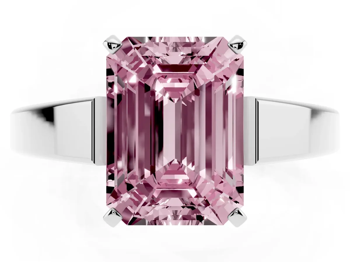 Fancy Pink Emerald Cut Solitaire Engagement Ring with Four-Prong Setting and Tapered Band Silver