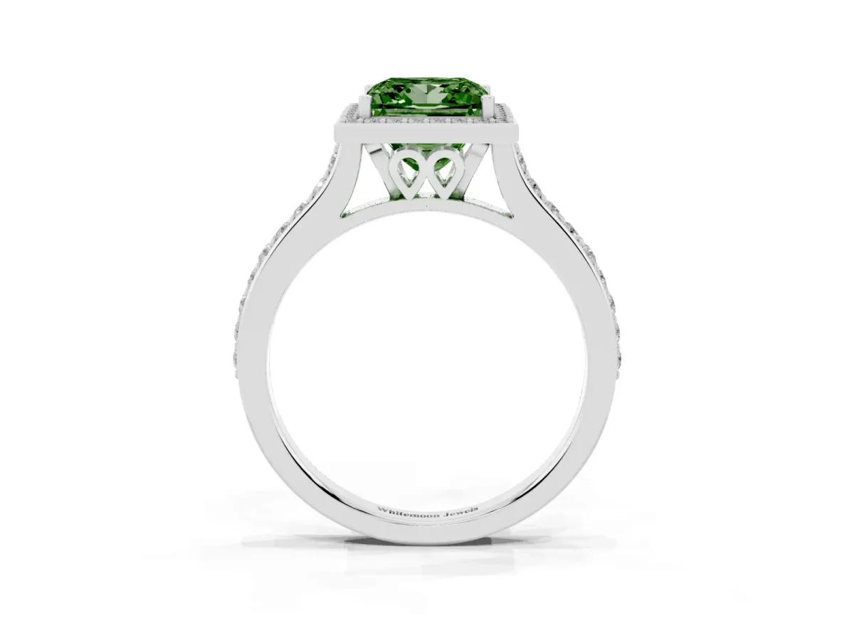 Fancy Green Princess Cut Diamond Halo Engagement Ring with Round Pavé Shoulders and Prong Setting Silver