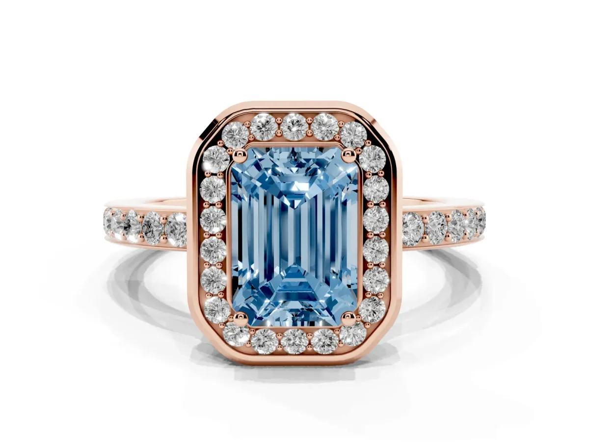 Fancy Blue Emerald Cut Diamond Halo Ring with Bezel Frame and Pavé Band Rose gold