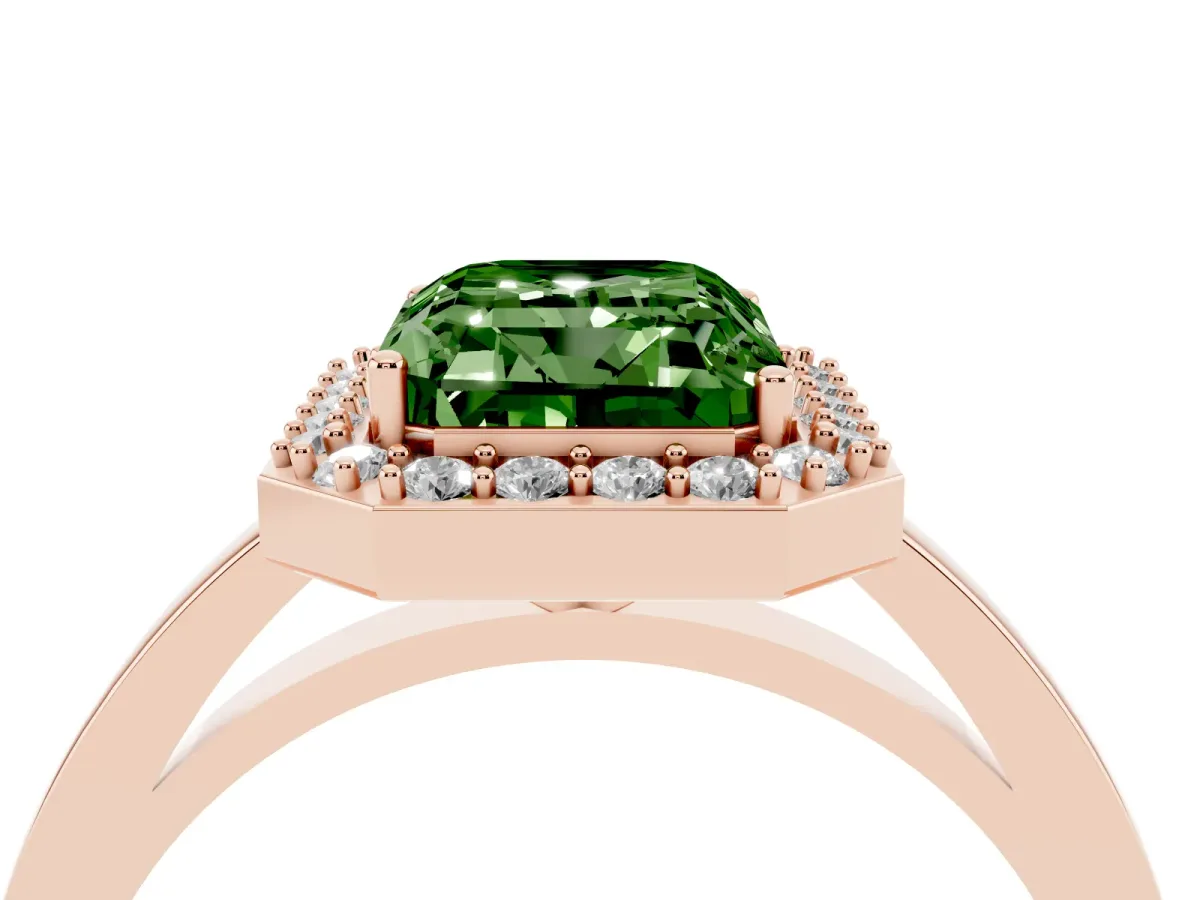 Fancy Green Radiant Cut Halo Diamond Ring with Solitaire Band and Prong Setting Rose gold