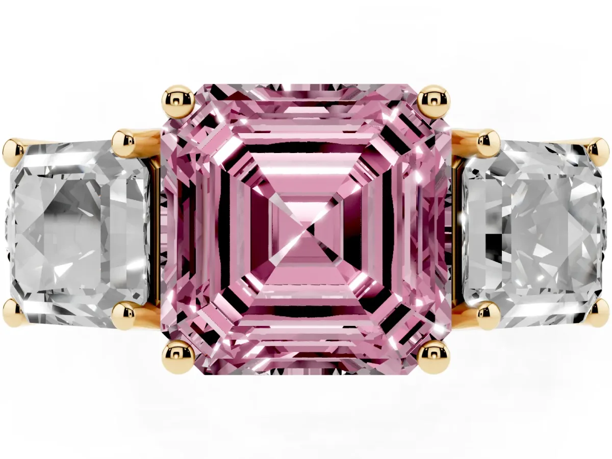 Fancy Pink Three-Stone Asscher Cut Diamond Pavé Band with Prong Setting Yellow gold