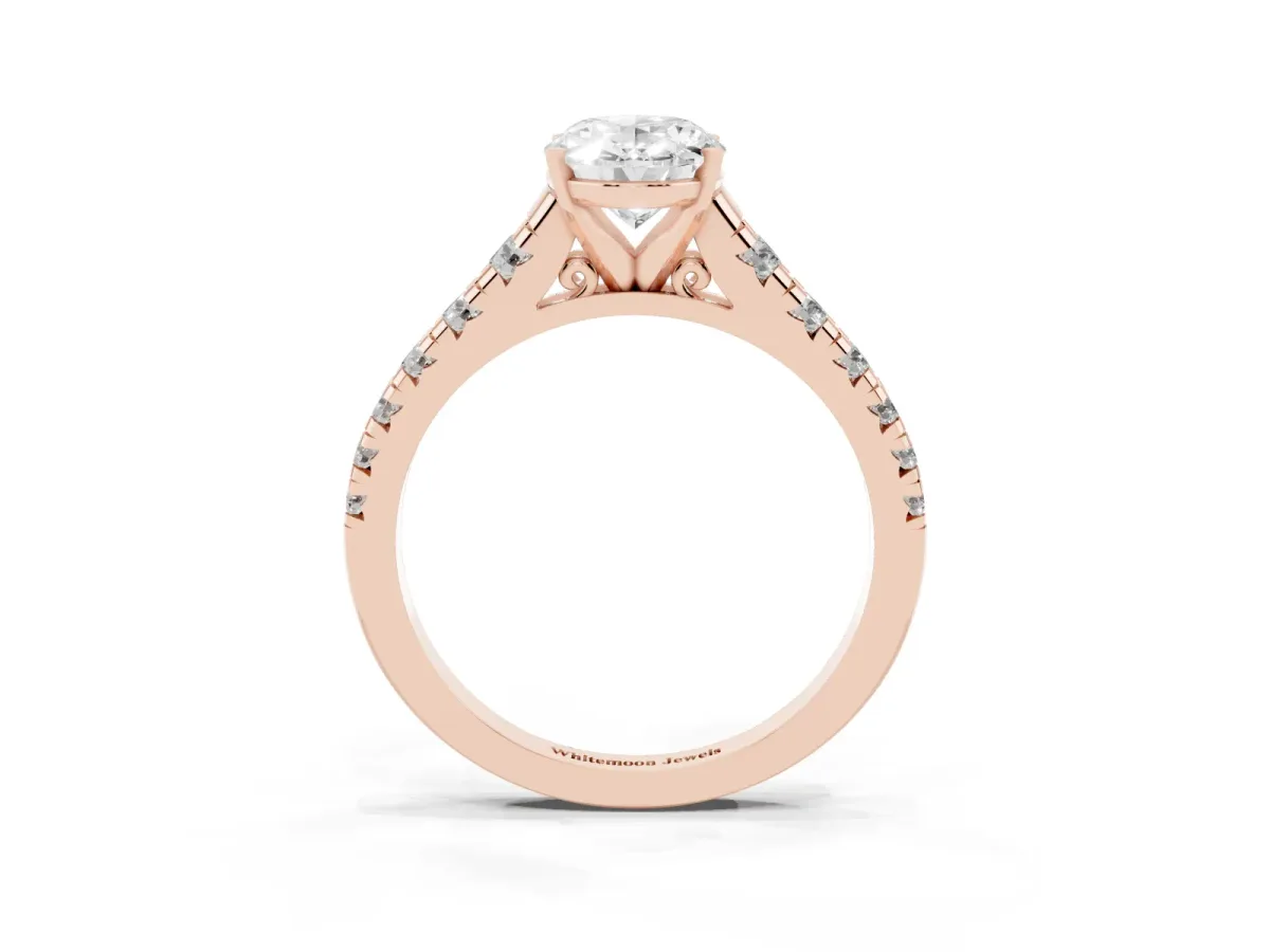 Oval Cut Diamond Cathedral Solitaire Ring with Round Pavé Band Rose gold