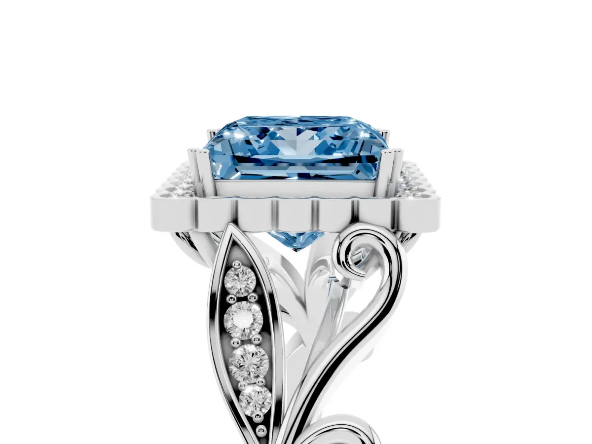 Fancy Blue Princess Cut Diamond Halo Ring with Vintage Split Shank and Four-Prong Setting Silver