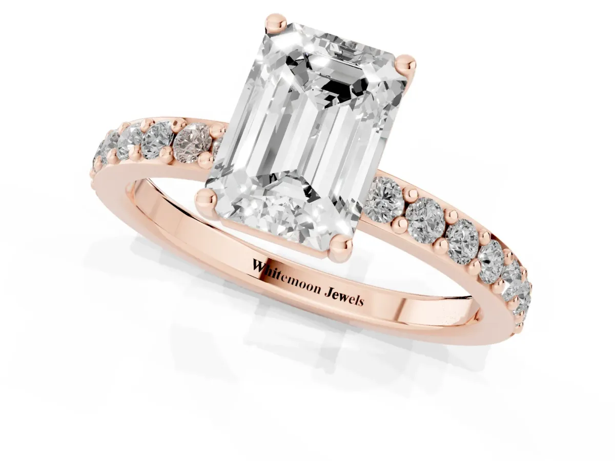 Emerald Cut Cut Diamond Solitaire with Pave Band and Four-Prong Setting Rose gold