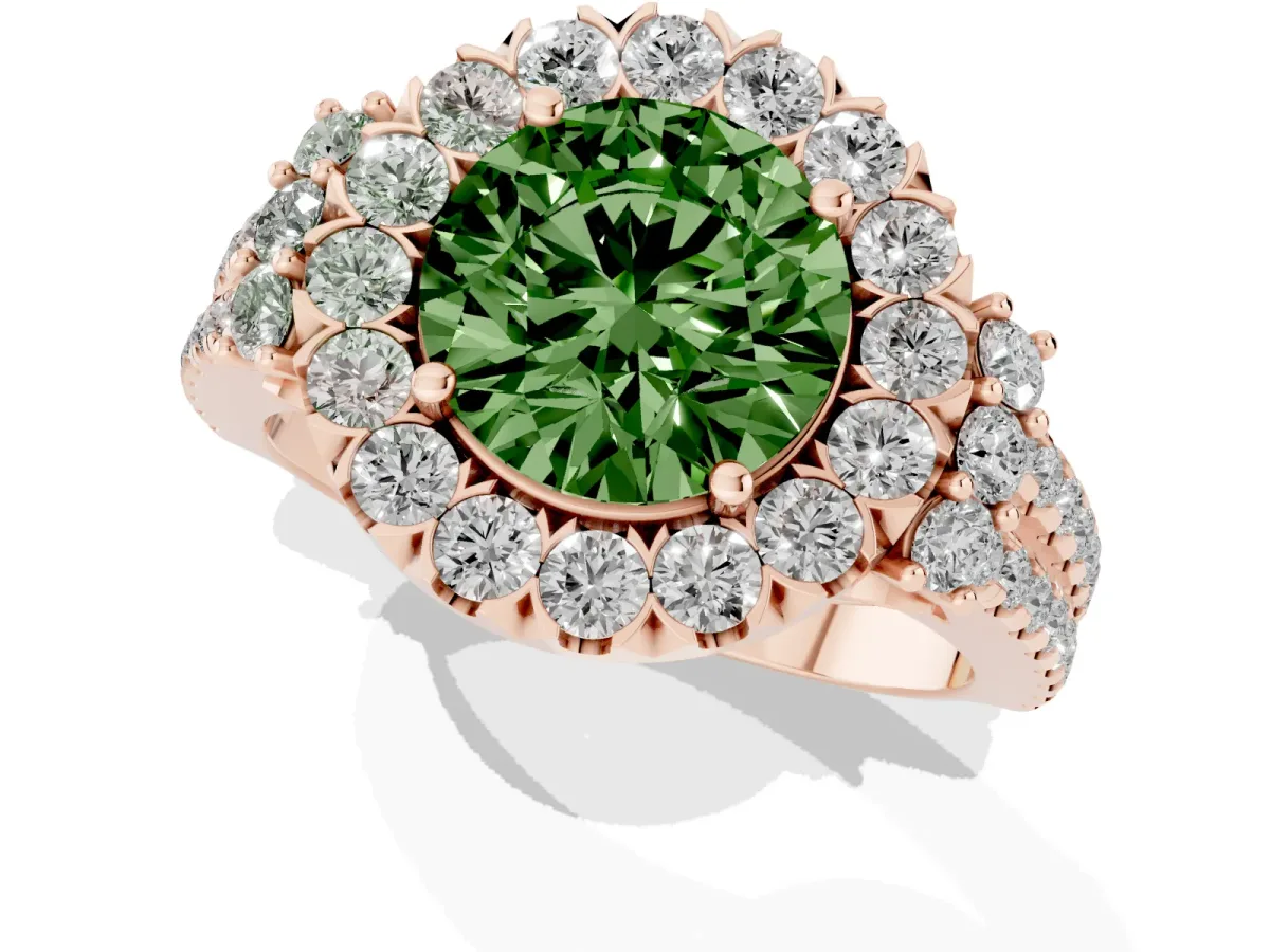 Fancy Green Round Cut Cut Double Halo Diamond Engagement Ring with Pave Band and Four-Prong Setting Rose gold
