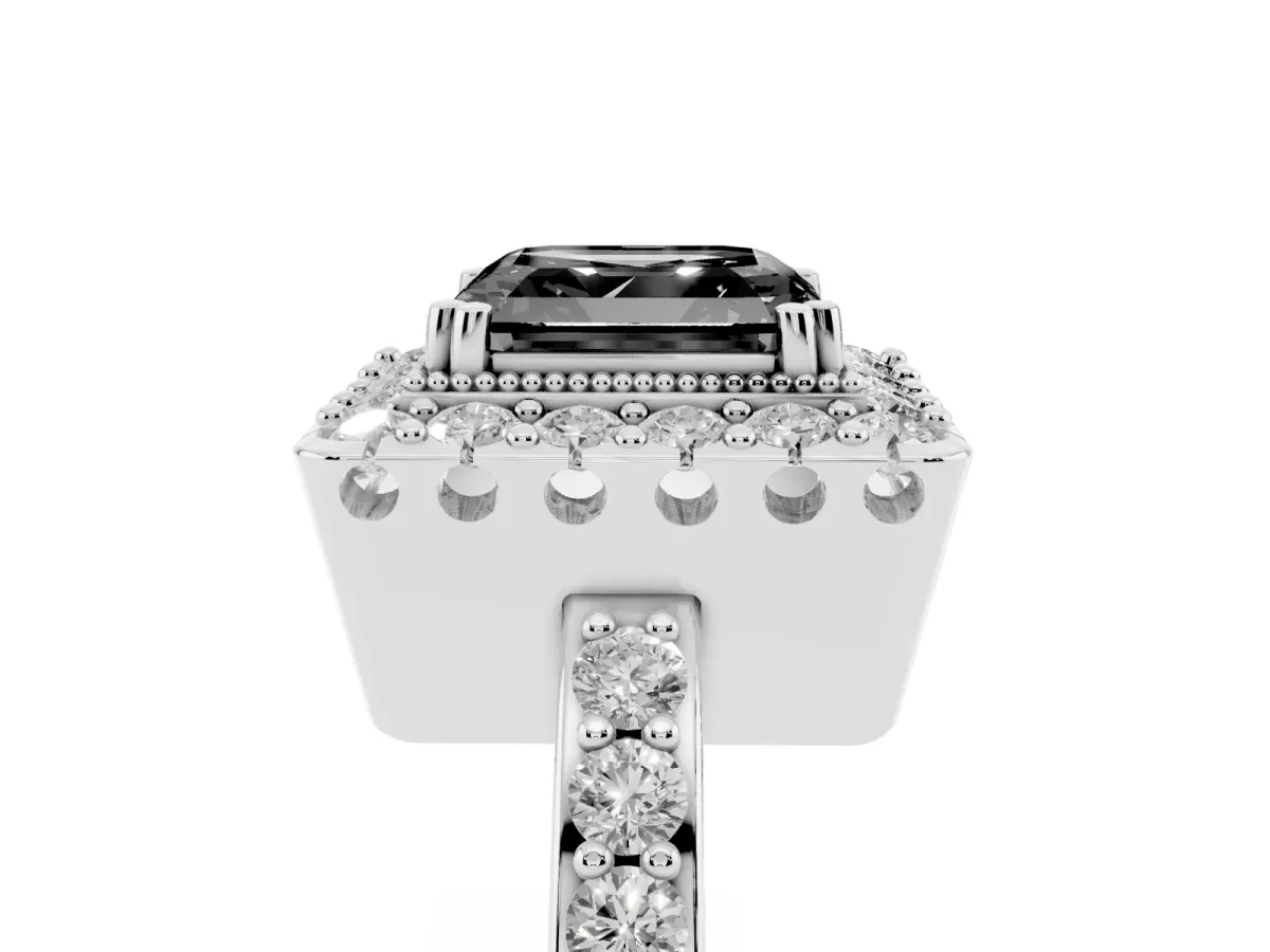 Fancy Black Asscher Cut Diamond Halo Ring with Pavé Band and Prong Setting Platinum