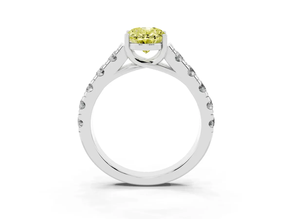 Fancy Yellow Oval Cut Cut Diamond Solitaire Ring with Micro Pave Band and Prong Setting Platinum