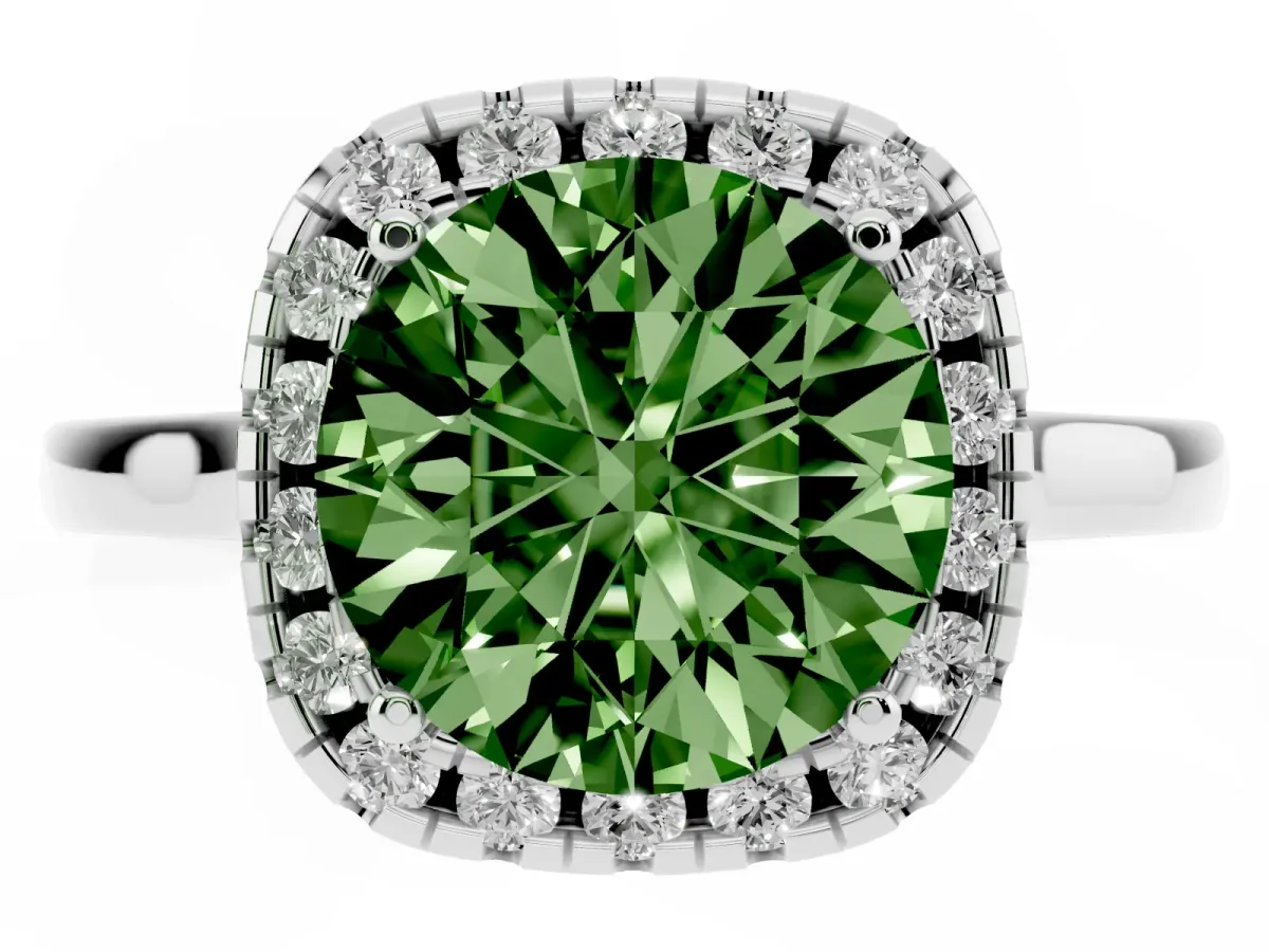 Fancy Green Round Cut Halo Round Diamond Solitaire Ring with Pavé Band and Four-Prong Setting Platinum