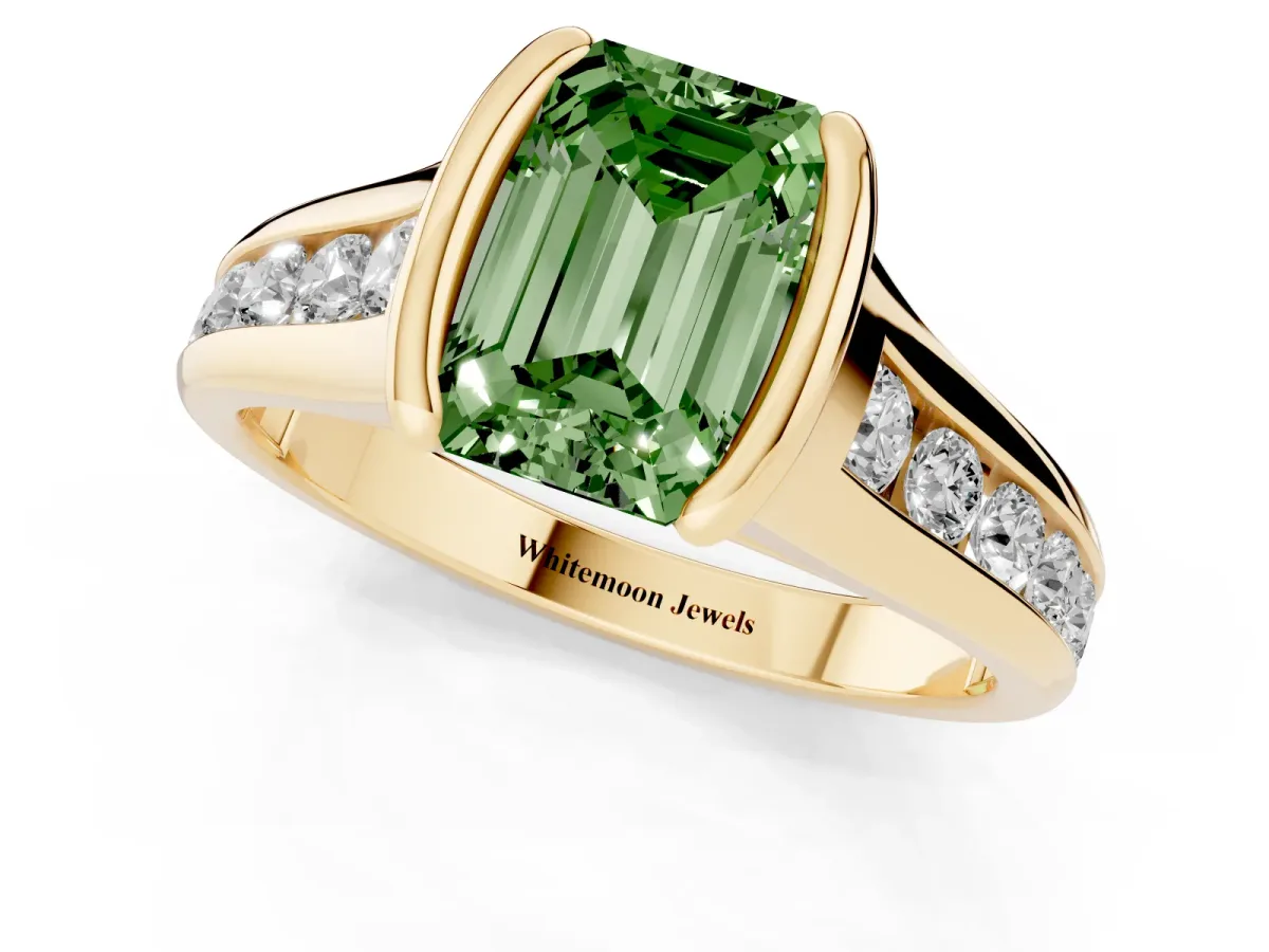 Fancy Green Emerald Cut Solitaire Bezel-Set Diamond Ring with Channel-Set Band Yellow gold