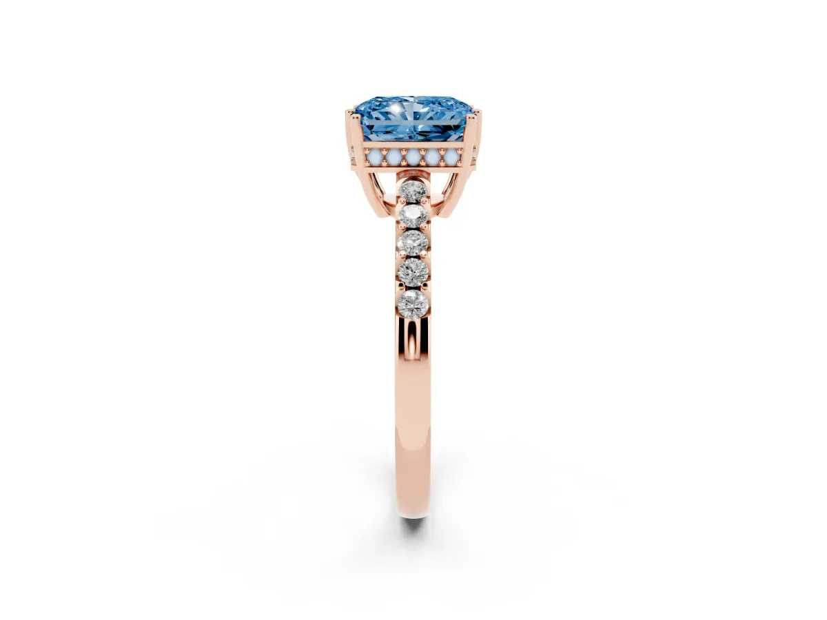 Fancy Blue Radiant Cut Solitaire Diamond Engagement Ring with Pavé Band and Six-Prong Setting Rose gold