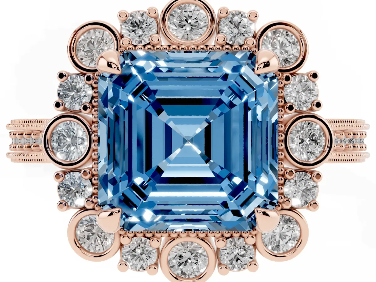 Fancy Blue Asscher Cut Halo Milgrain Pave Diamond Ring with Four-Prong Setting Rose gold