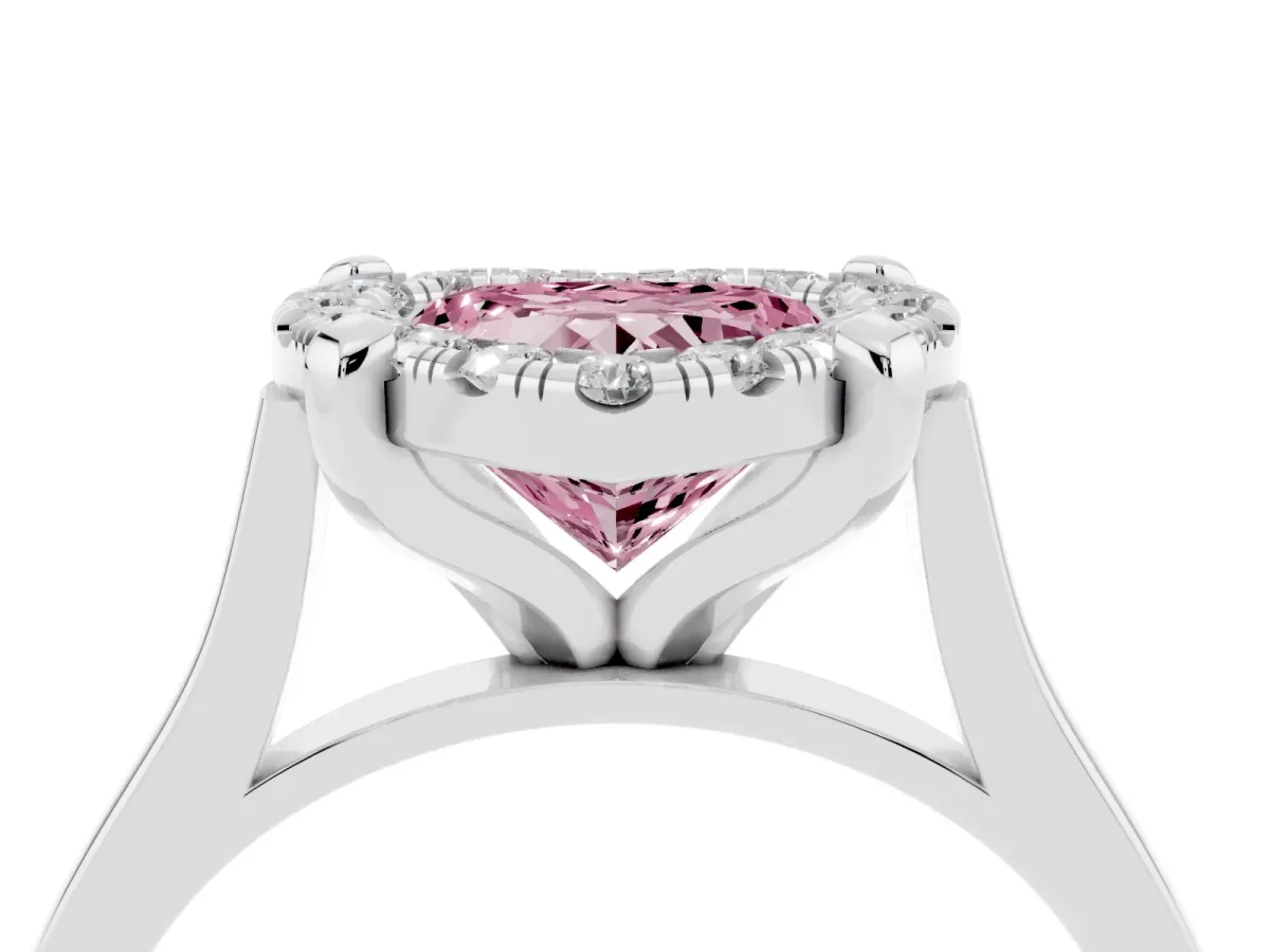 Fancy Pink Heart Cut Diamond Cluster Halo Solitaire with Four-Prong Setting Silver