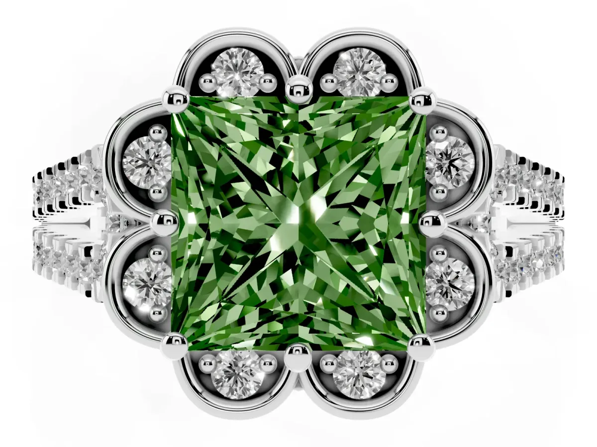 Fancy Green Princess Cut Halo Diamond Floral Split Shank Engagement Ring Silver