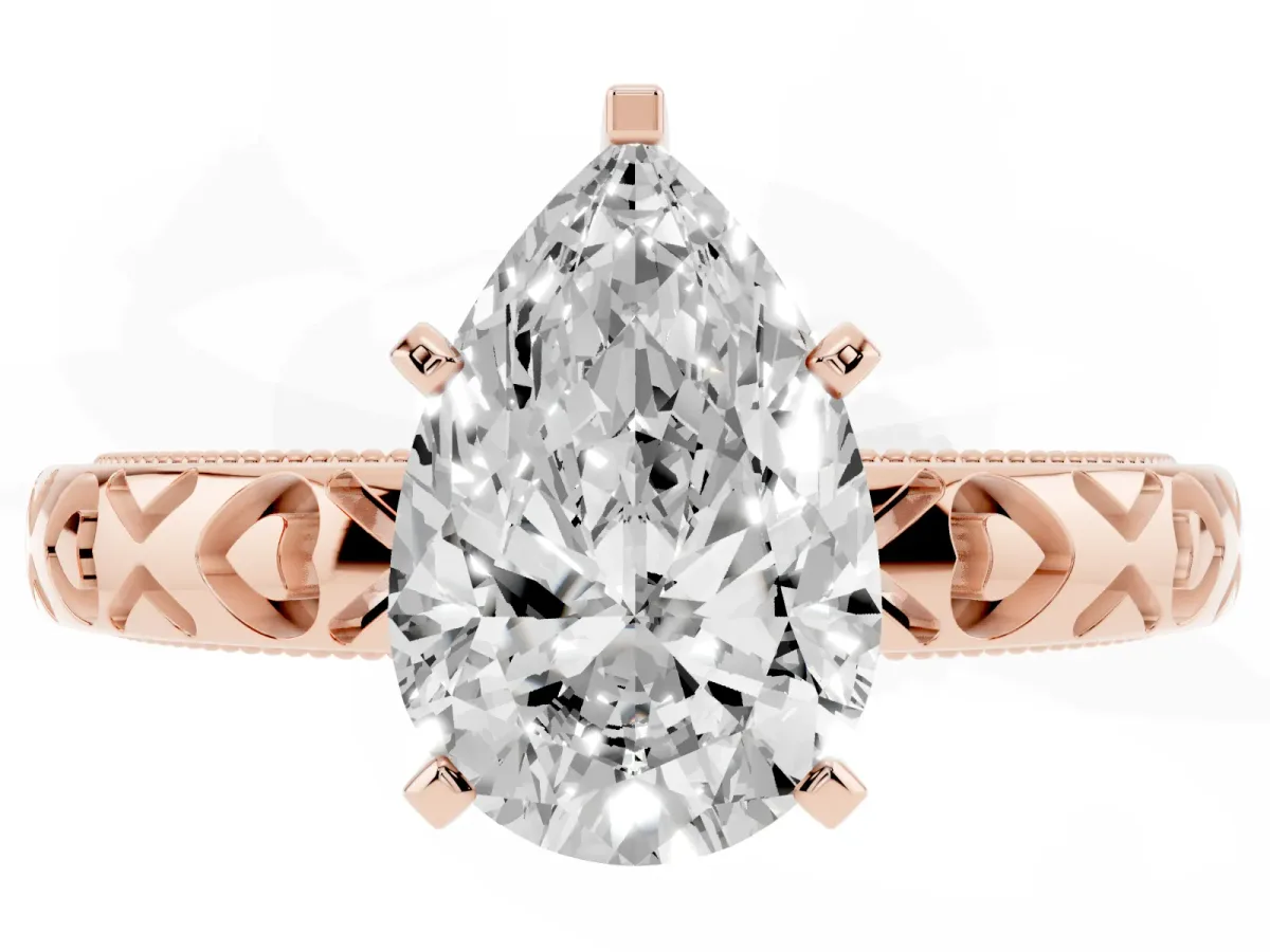 Pear Cut Solitaire Diamond Engagement Ring with XO Engraved Band and Four-Prong Setting Rose gold