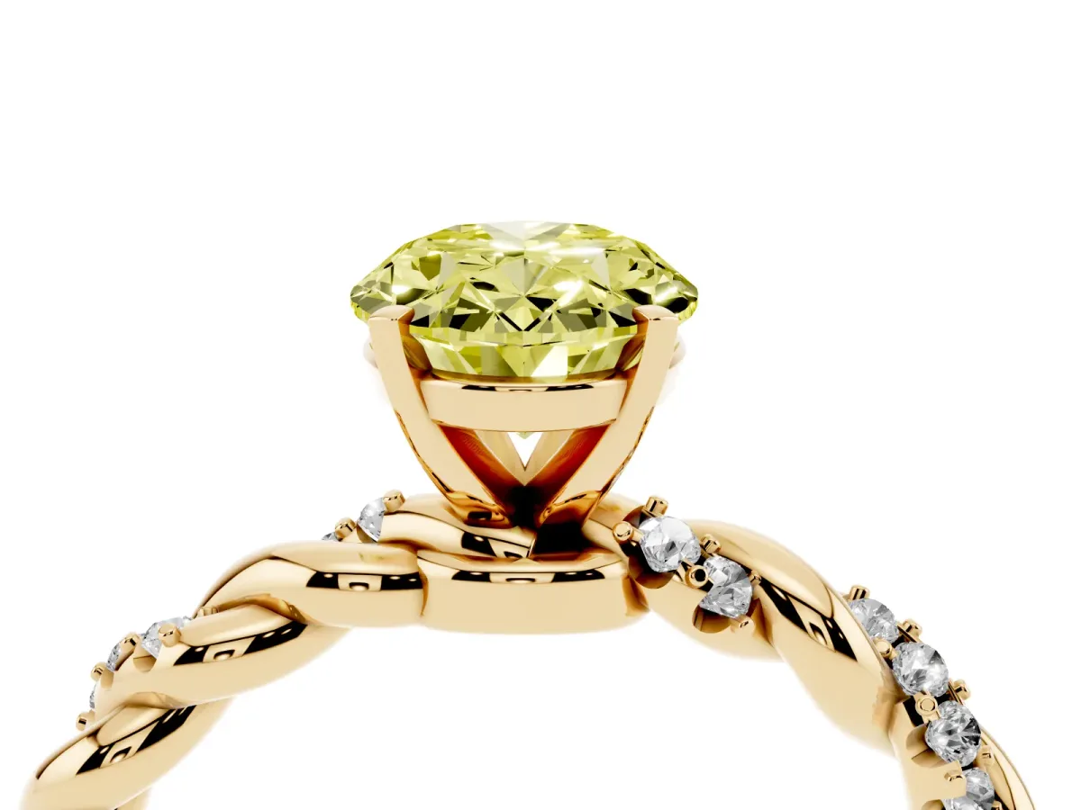 Fancy Yellow Oval Cut Diamond Solitaire Ring with Twisted Band and Pavé Accents Yellow gold
