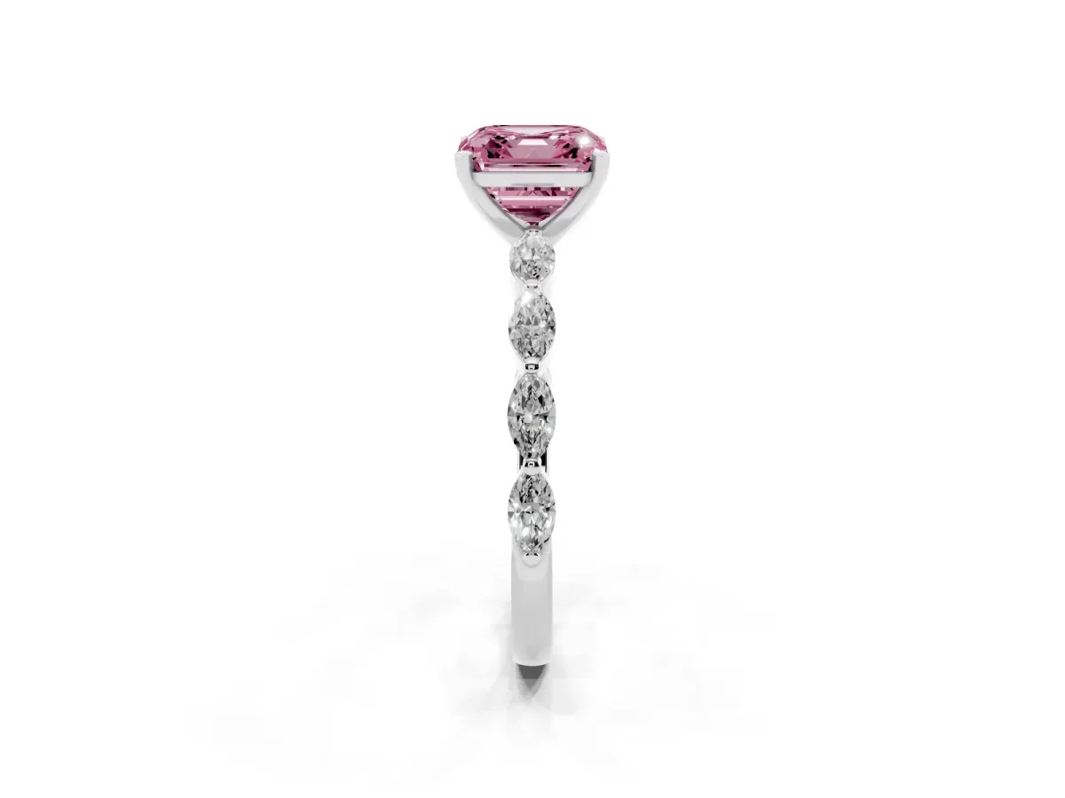 Fancy Pink Asscher Cut Diamond Ring with Marquise Side Stones and Prong Setting Platinum