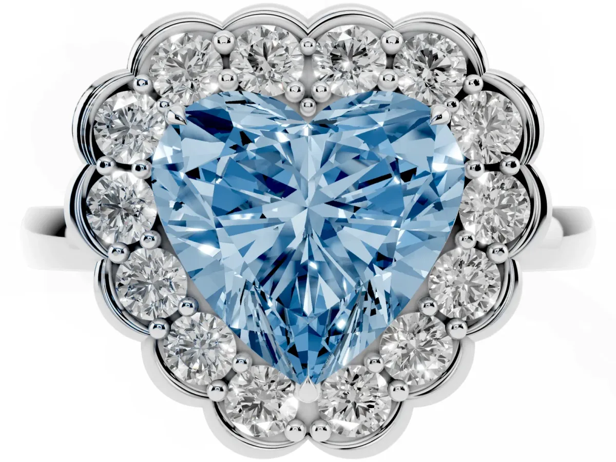 Fancy Blue Heart Cut Halo Cluster Diamond Engagement Ring with Solitaire Band and Prong Setting Platinum