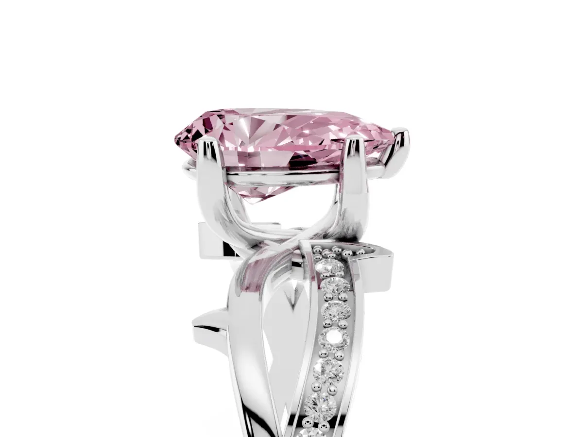 Fancy Pink Pear Cut Solitaire Twist Band with Pavé Accents and Four-Prong Setting Silver