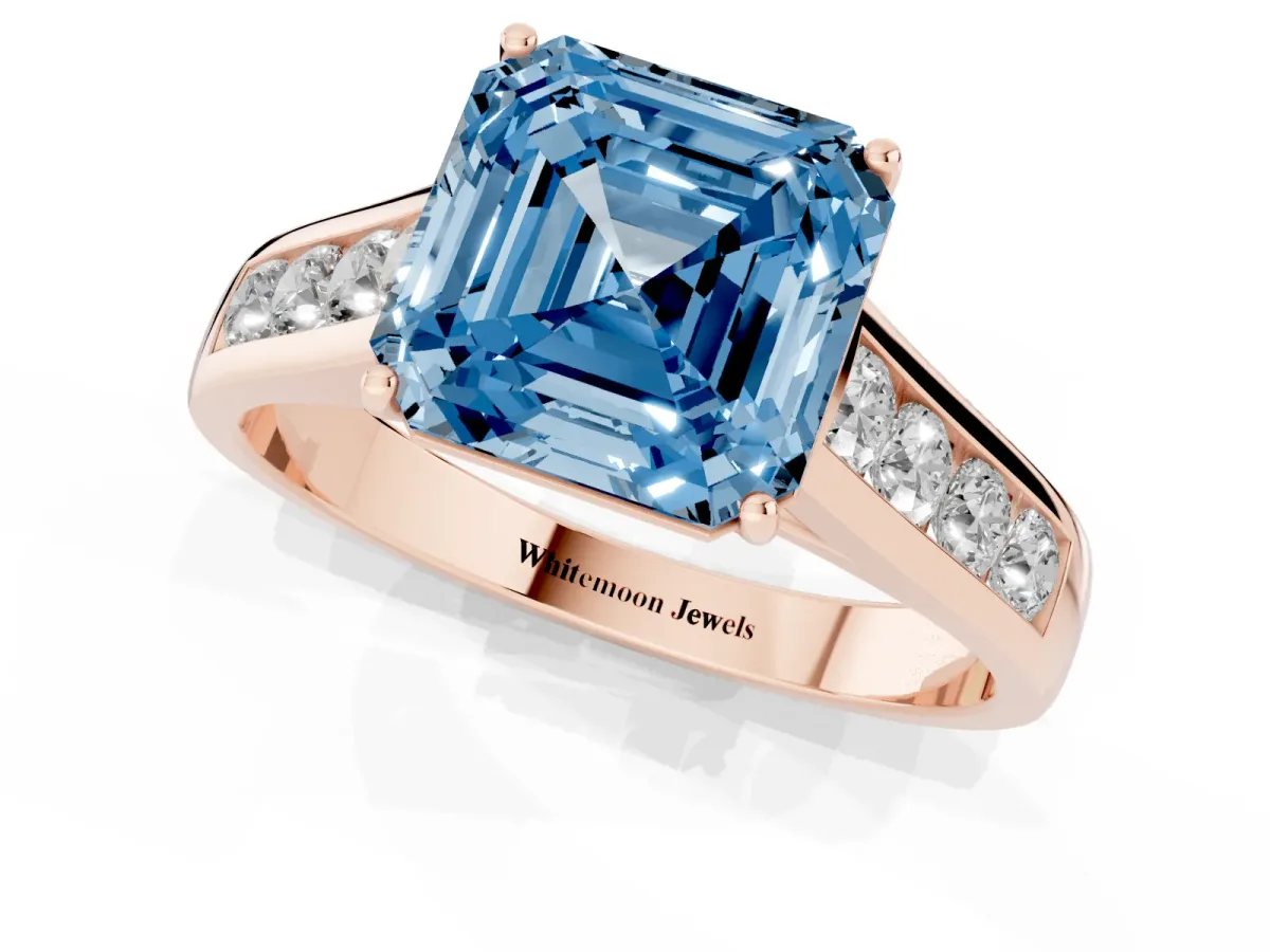 Fancy Blue Asscher Cut Solitaire Channel-Set Diamond Engagement Ring with Four-Prong Setting Rose gold