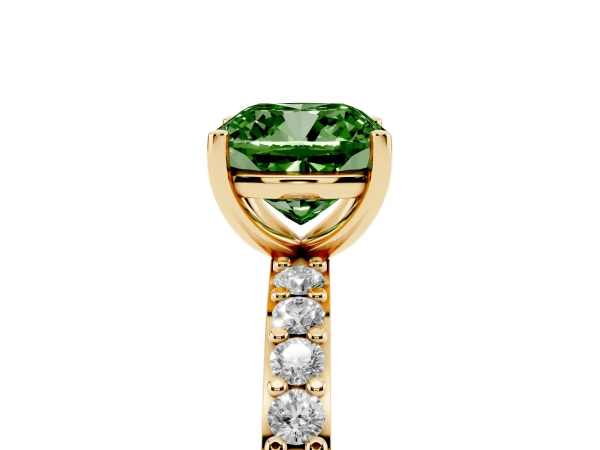 Fancy Green Cushion Cut Cut Diamond Solitaire with Pave Band and Four-Prong Setting Yellow gold