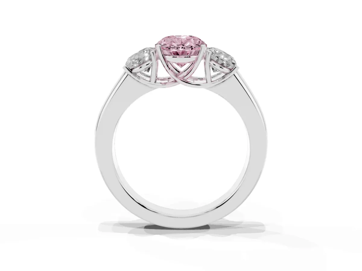 Fancy Pink Three-Stone Oval Cut Cut Diamond Ring with Prong Setting and Classic Band Platinum