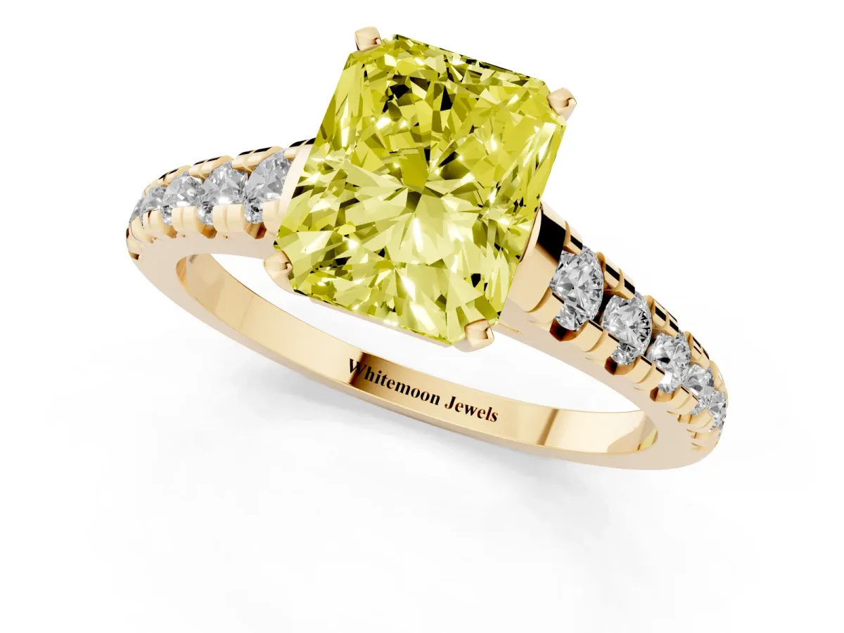 Fancy Yellow Radiant Cut Diamond Cathedral Solitaire Ring with Round Pavé Band Yellow gold