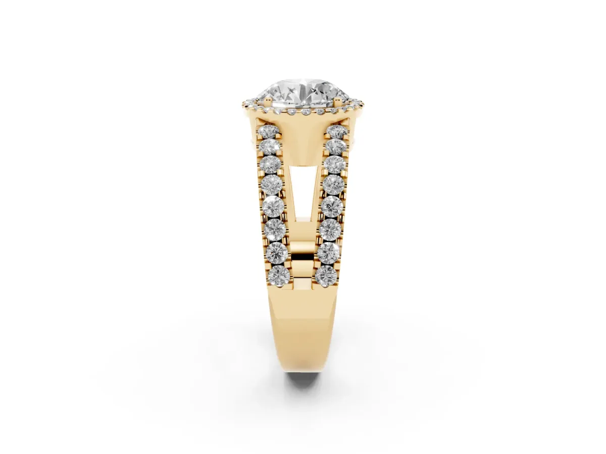Round Cut Cut Halo Split Shank Diamond Ring with Four-Prong Setting Yellow gold