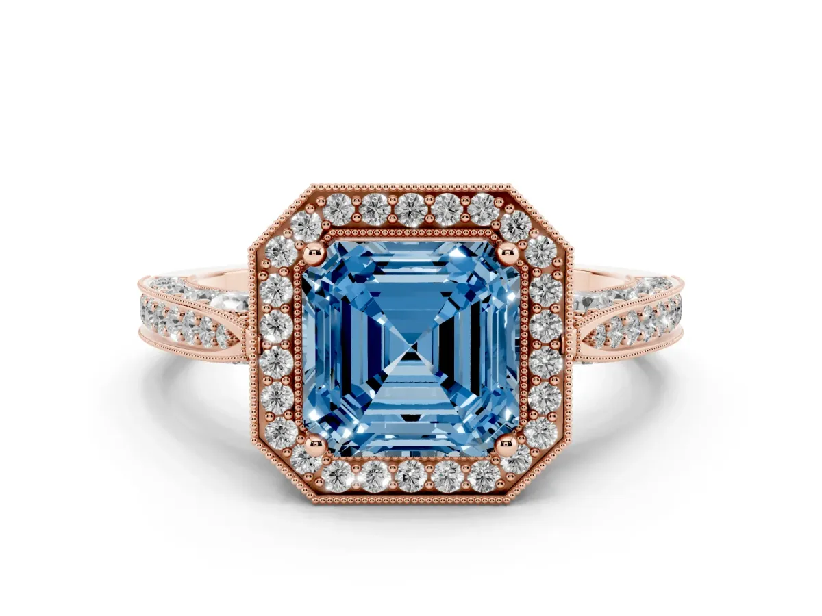 Fancy Blue Asscher Cut Halo Diamond Engagement Ring with Split Shank Band and Four-Prong Setting Rose gold
