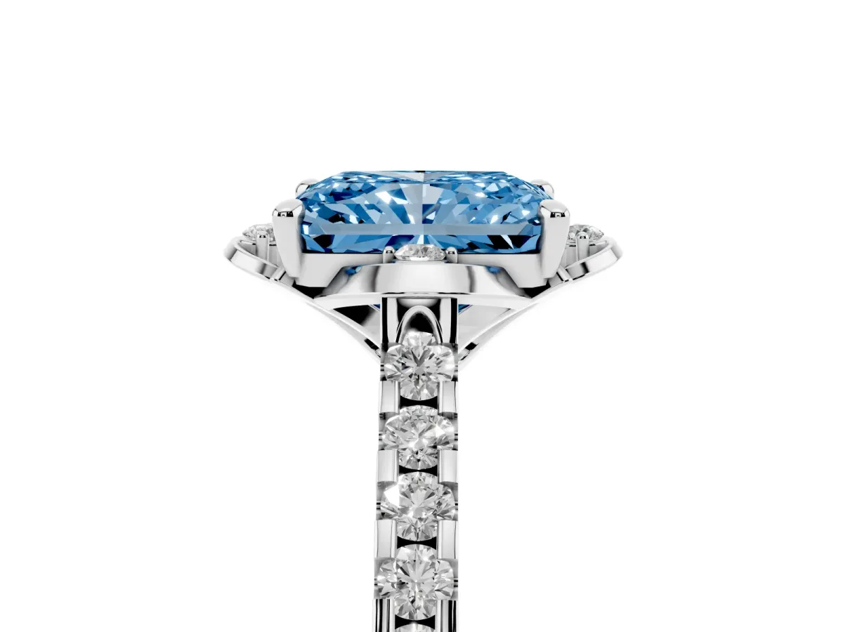 Fancy Blue Radiant Cut Diamond Ring with Pavé Band and Floral Prong Setting White gold