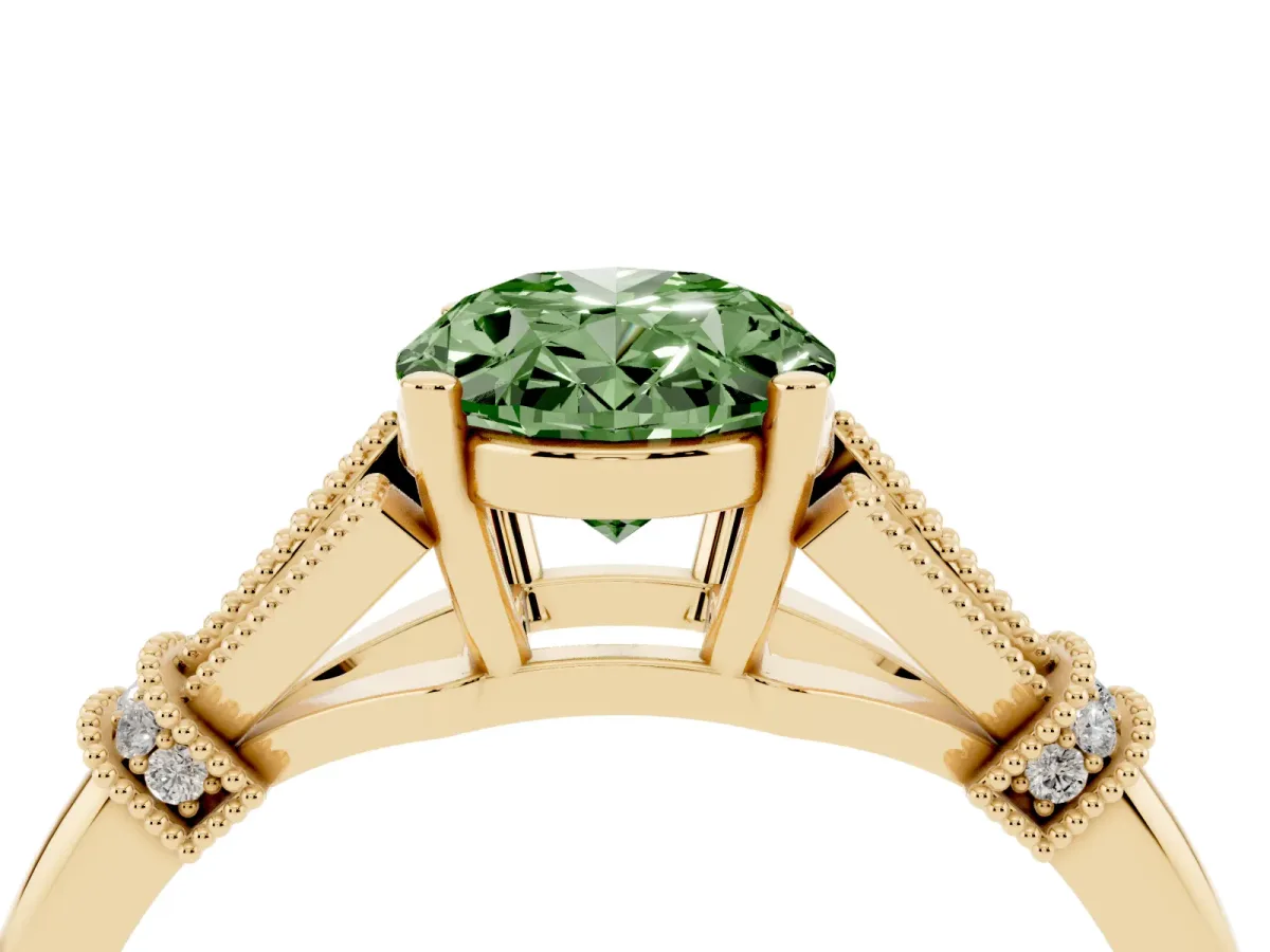 Fancy Green Oval Cut Diamond Solitaire Ring with Floral Filigree and Pave Accents Yellow gold