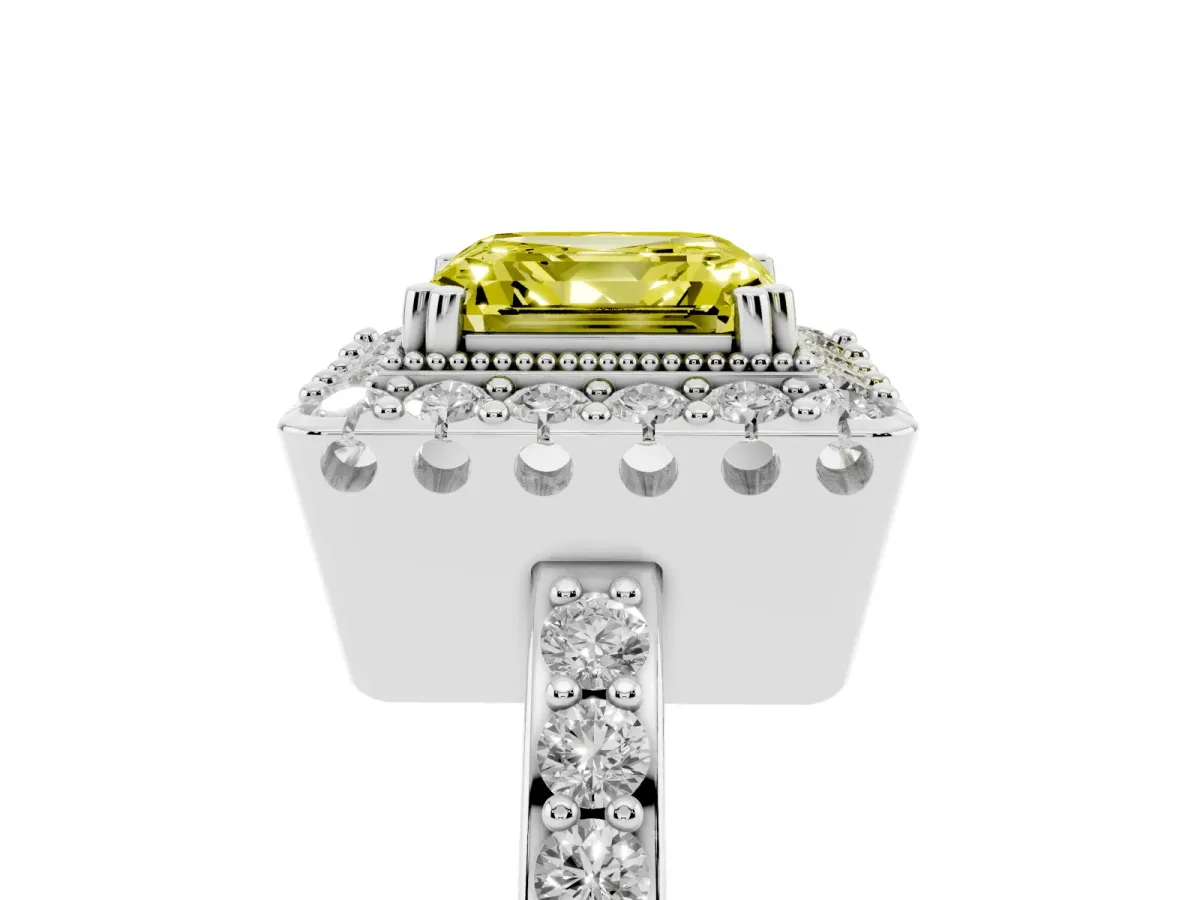 Fancy Yellow Asscher Cut Diamond Halo Ring with Pavé Band and Prong Setting Platinum