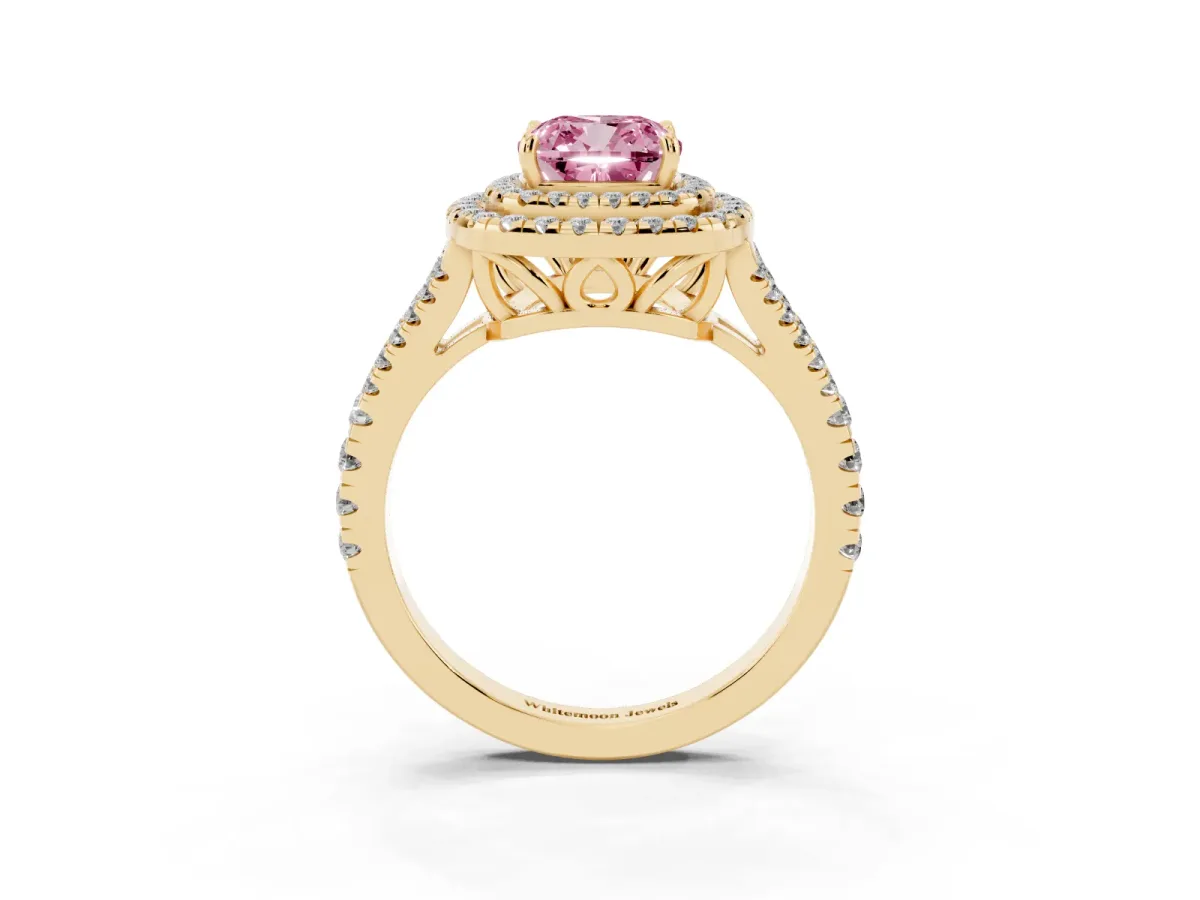 Fancy Pink Cushion Cut Diamond Double Halo Ring with Pavé Band and Prong Setting Yellow gold