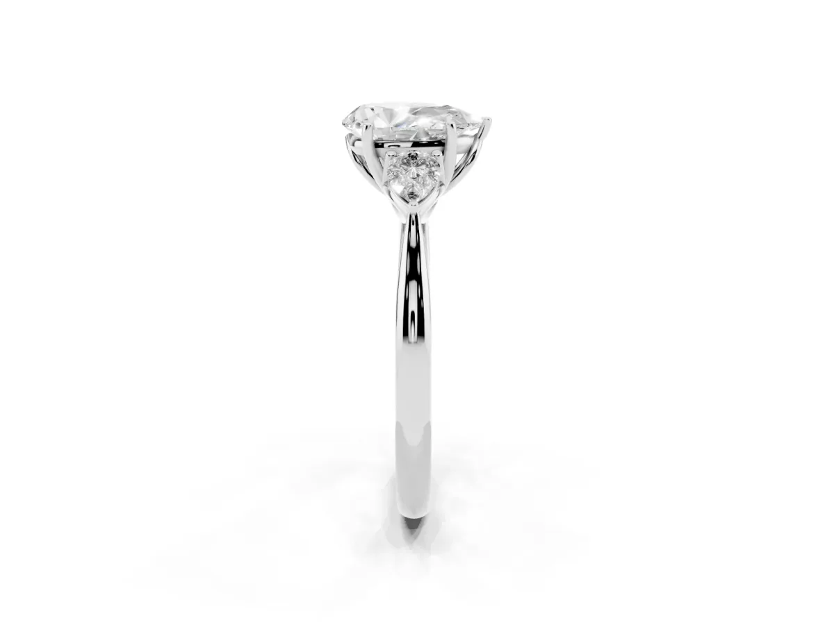 Pear Cut Diamond Three-Stone Ring with Pear Side Stones and Prong Setting Silver