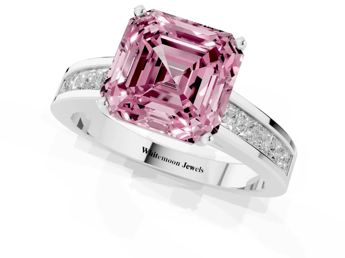 Fancy Pink Asscher Cut Solitaire Diamond Ring with Channel-Set Band and Four-Prong Setting Platinum