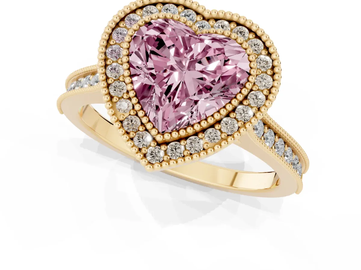 Fancy Pink Halo Heart Cut-Cut Diamond Pave Band Milgrain Prong Setting Ring Yellow gold