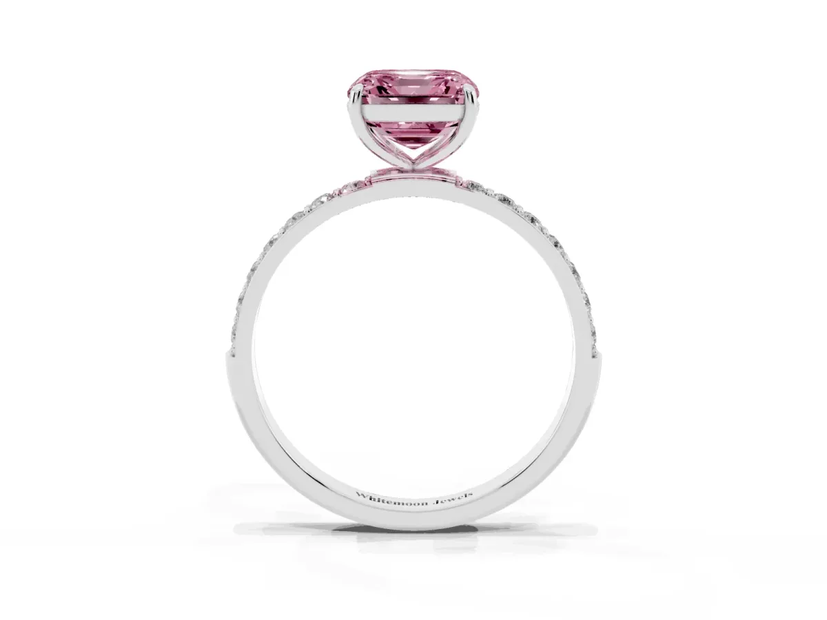 Fancy Pink Asscher Cut Diamond Solitaire Ring with Round Pavé Shoulders and Prong Setting Silver