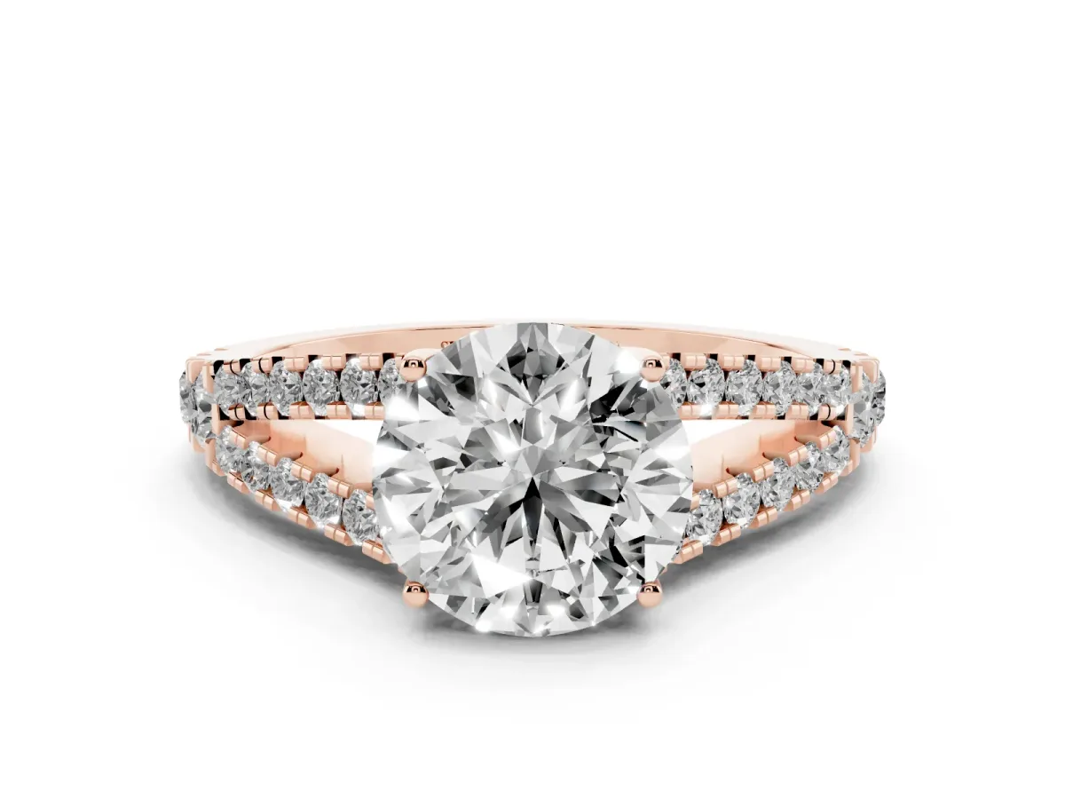 Round Cut Diamond Split Shank Pavé Engagement Ring with Four-Prong Setting Rose gold