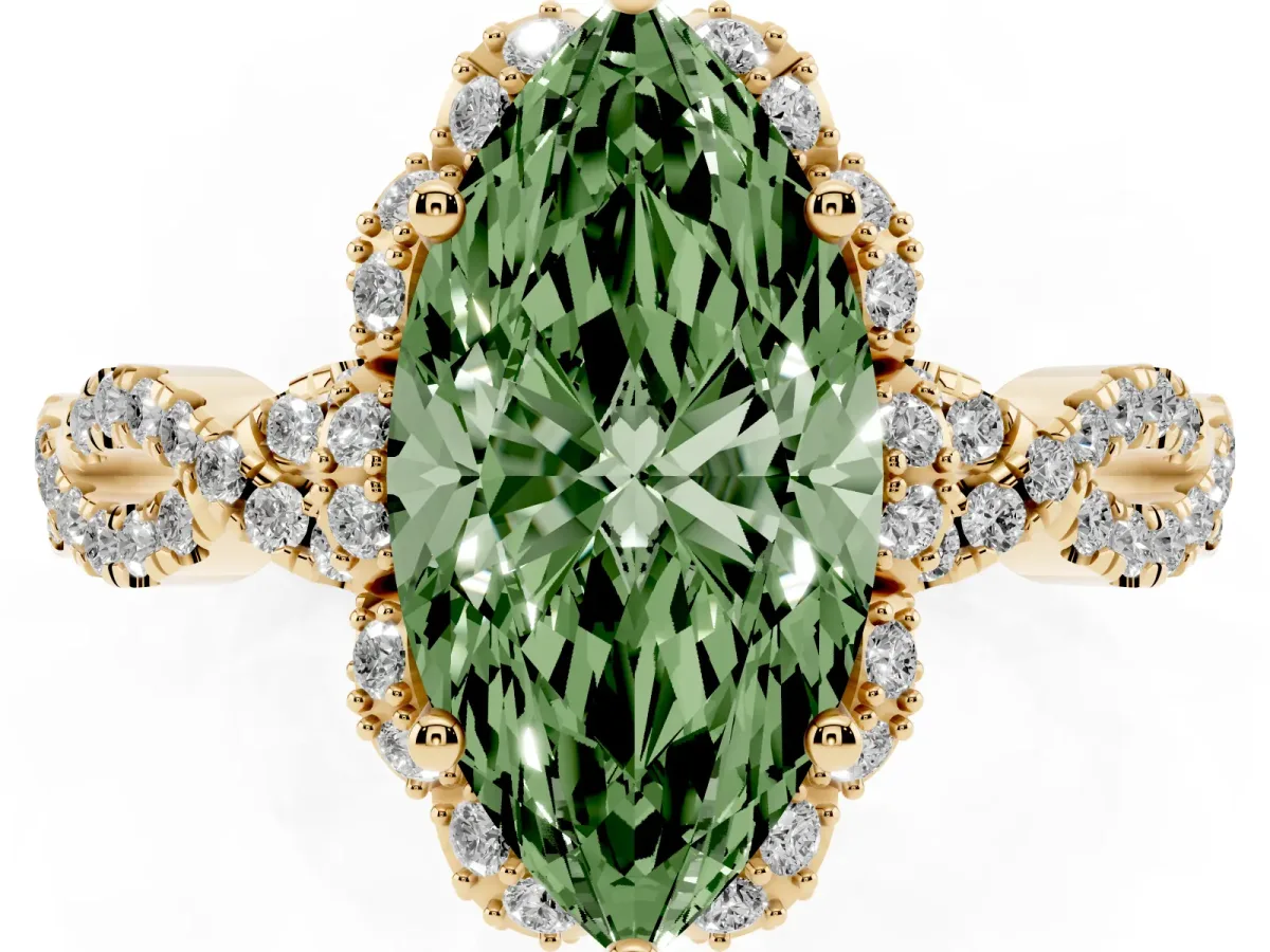 Fancy Green Marquise Cut Halo Twist Band Solitaire Ring with Six-Prong Setting Yellow gold