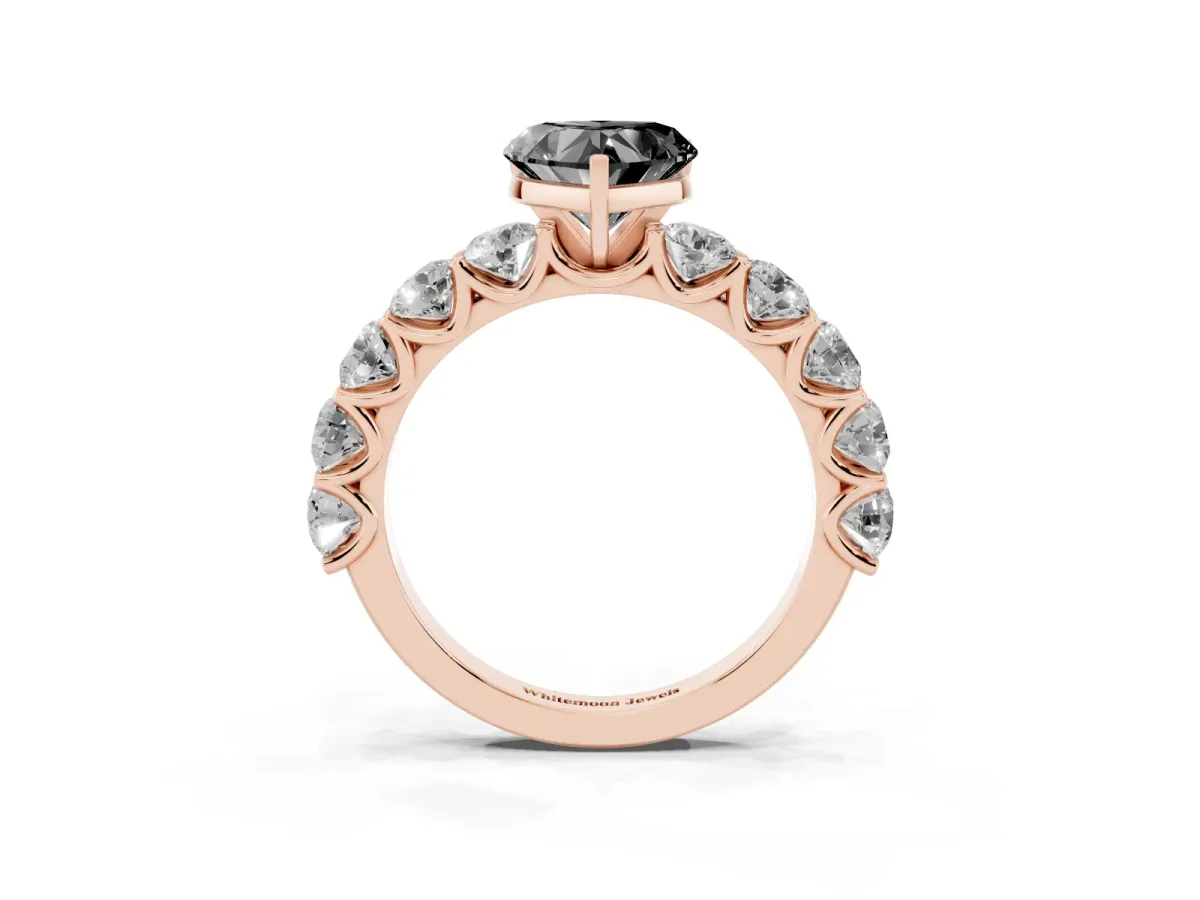 Fancy Black Heart Cut Diamond Prong Setting with Side Stones on a Pave Band Rose gold