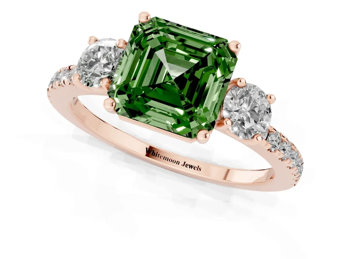 Fancy Green Three-Stone Asscher Cut Cut Diamond Pavé Band with Prong Setting Rose gold