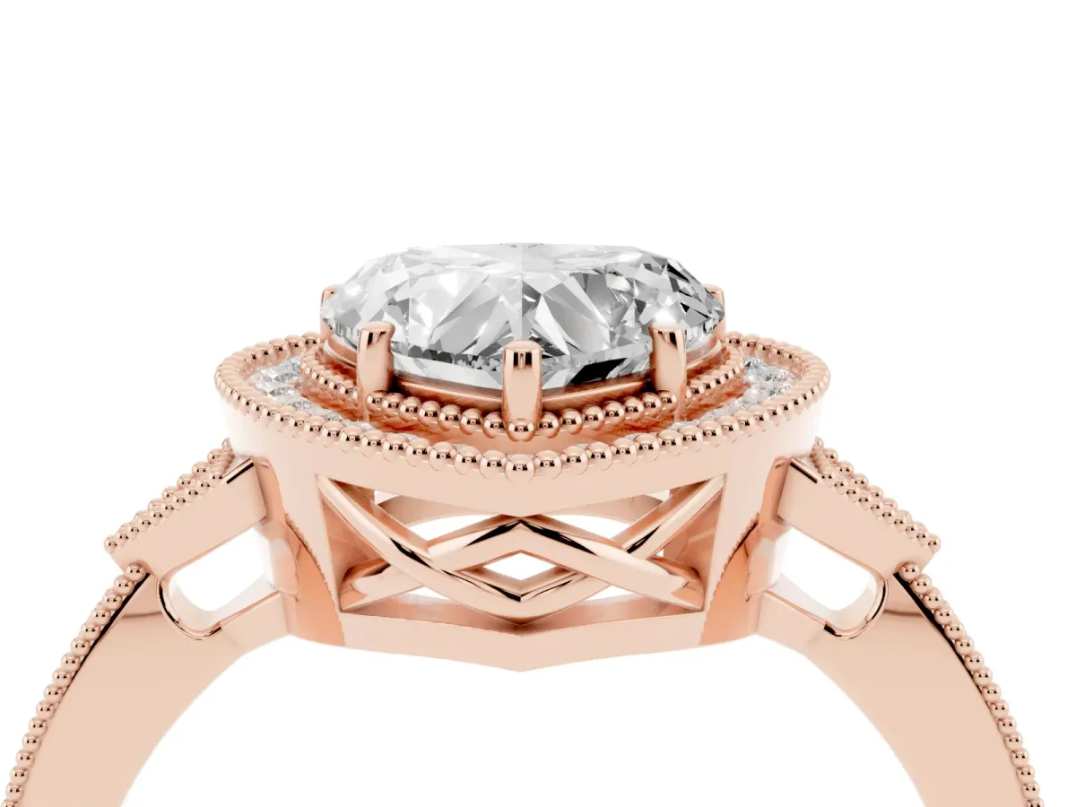 Heart Cut Halo Round Diamond Milgrain Pave Engagement Ring Rose gold