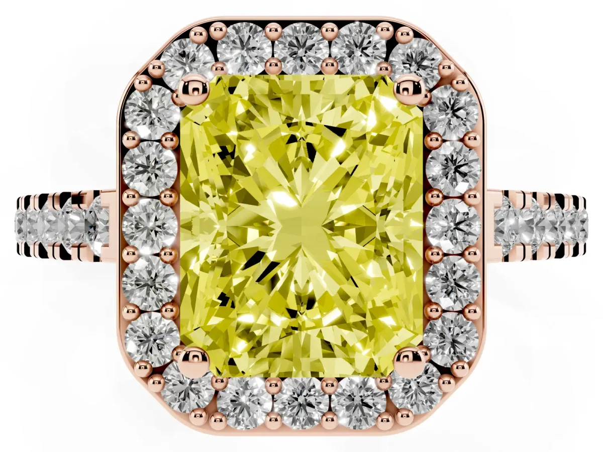Fancy Yellow Radiant Cut Diamond Halo Ring with Round Pavé Split Shank and Prong Setting Rose gold