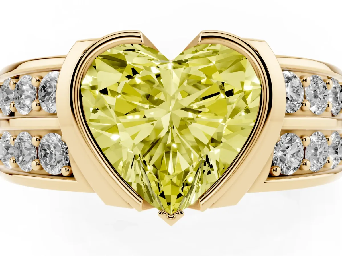 Fancy Yellow Heart Cut Brilliant Diamond Channel Set Wide Band Ring with Bezel Setting Yellow gold