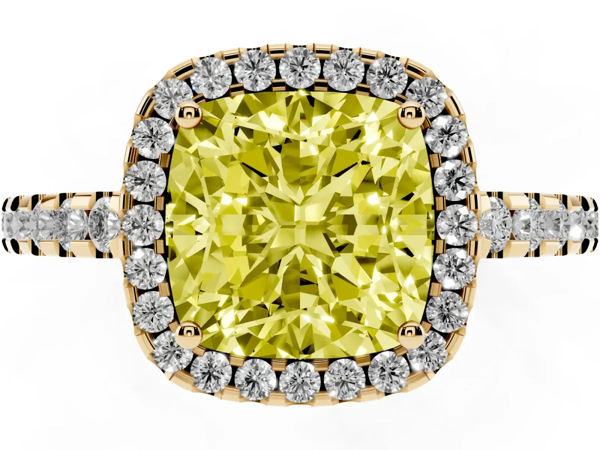 Fancy Yellow Cushion Cut Diamond Halo Engagement Ring with Pavé Band and Prong Setting Yellow gold