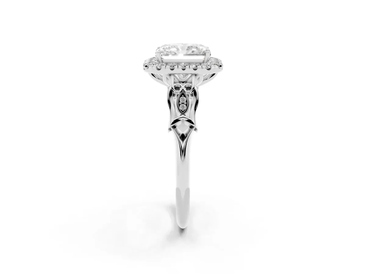 Radiant Cut Halo Diamond Engagement Ring with Filigree Band and Four-Prong Setting Silver